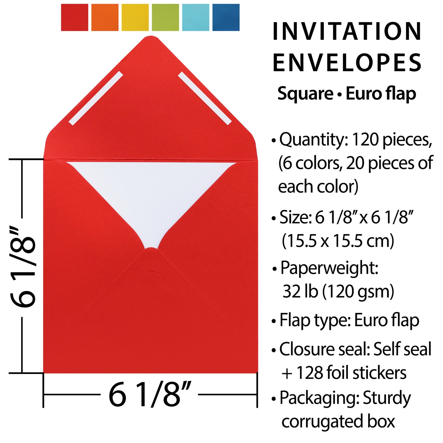 Pack of 120 Square 6-1/8” x 6-1/8” Self-Seal Envelopes for Wedding, Baby Shower, Party Invitations, Christmas, Greeting Cards.