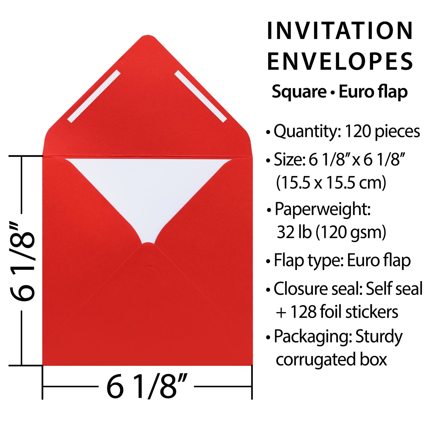 Pack of 120 Square 6-1/8” x 6-1/8” Self-Seal Envelopes for Wedding, Baby Shower, Party Invitations, Christmas, Greeting Cards.