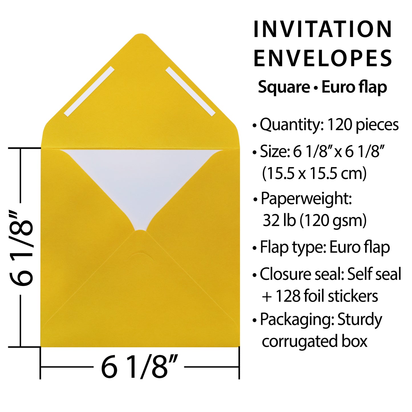 Pack of 120 Square 6-1/8” x 6-1/8” Self-Seal Envelopes for Wedding, Baby Shower, Party Invitations, Christmas, Greeting Cards.