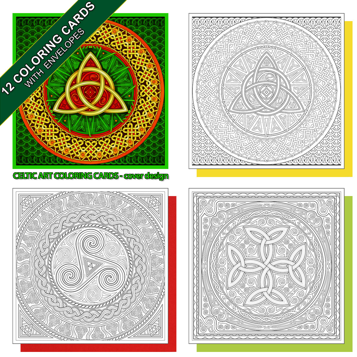 Celtic art. A coloring card set of 12 cards with colored envelopes and closure stickers.