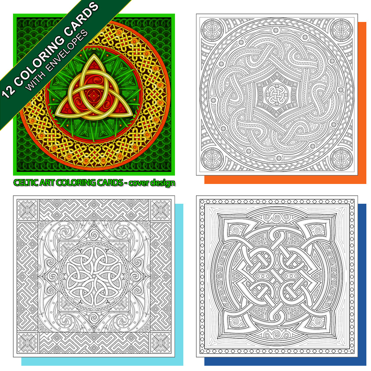 Celtic art. A coloring card set of 12 cards with colored envelopes and closure stickers.