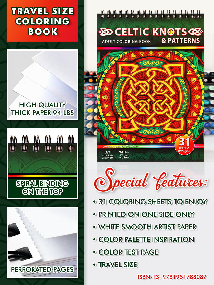 Celtic knots & patterns. Travel size coloring book. Thick paper, Spiral-bound, Paperback.