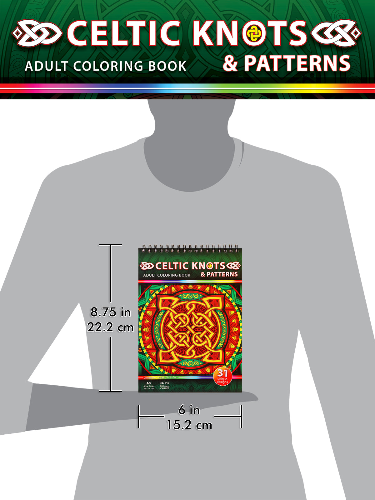 Celtic knots & patterns. Travel size coloring book. Thick paper, Spiral-bound, Paperback.