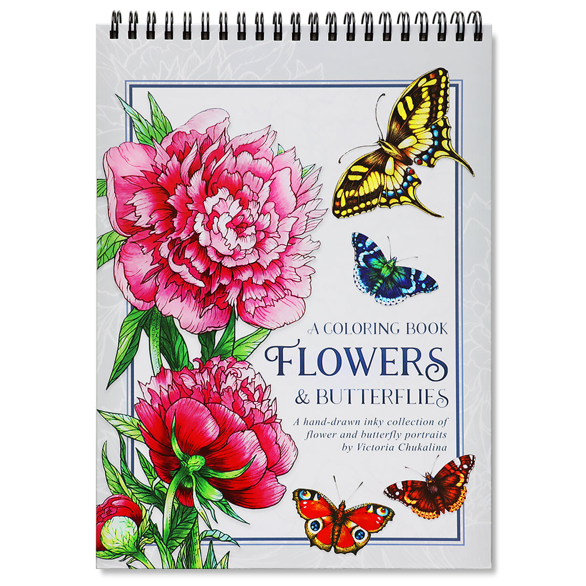 Flowers and butterflies Coloring Book for Adults. Thick paper, Spiral-bound, Hardback.