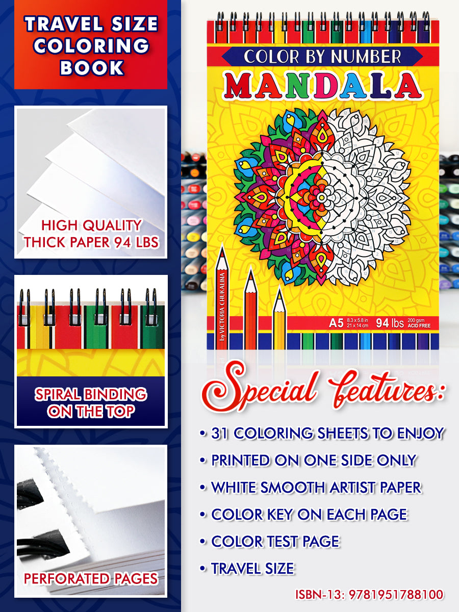 Mandala Color by Number. Travel size coloring book. Thick paper, Spiral-bound, Paperback.