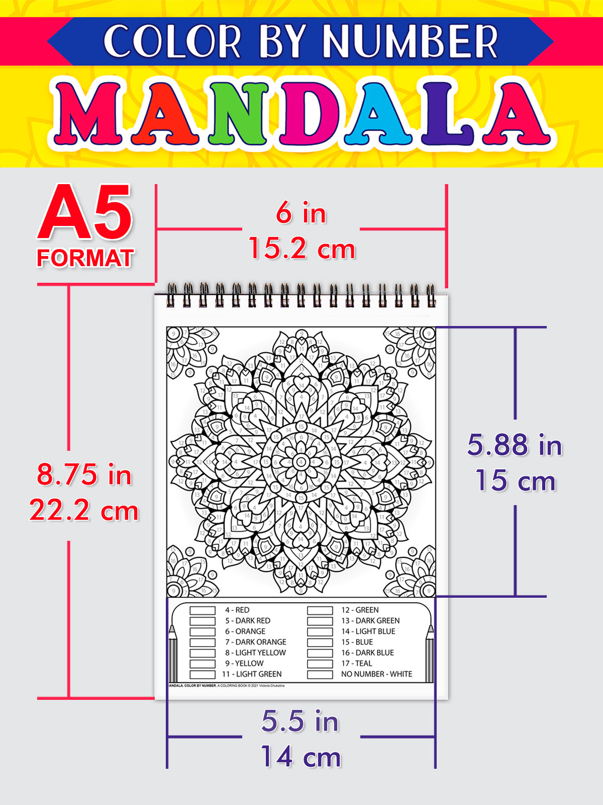 Mandala Color by Number. Travel size coloring book. Thick paper, Spiral-bound, Paperback.