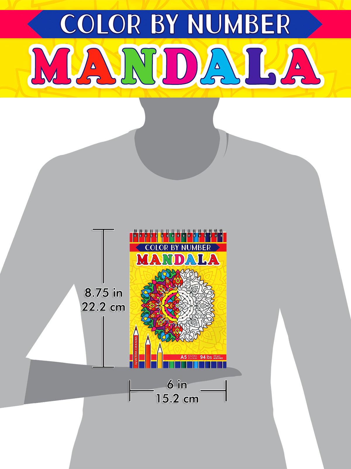 Mandala Color by Number. Travel size coloring book. Thick paper, Spiral-bound, Paperback.