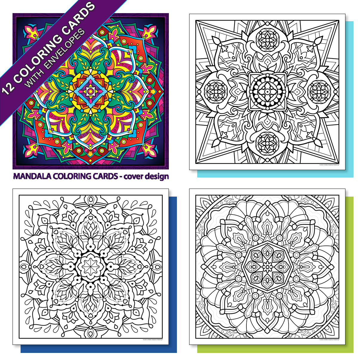 Mandala. A coloring card set of 12 cards with colored envelopes and closure stickers.