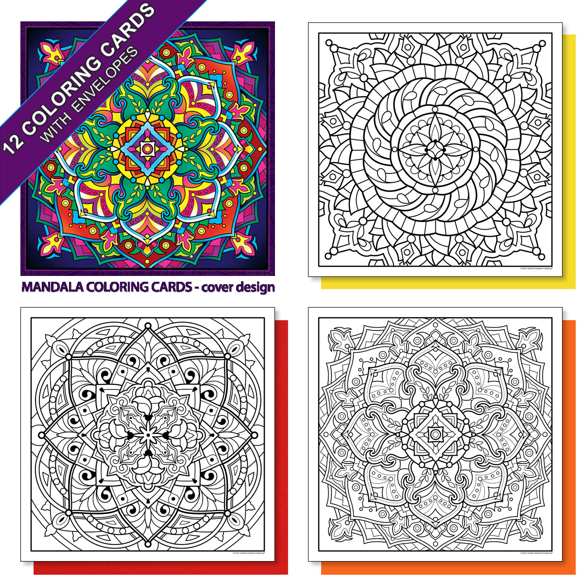 Mandala. A coloring card set of 12 cards with colored envelopes and closure stickers.
