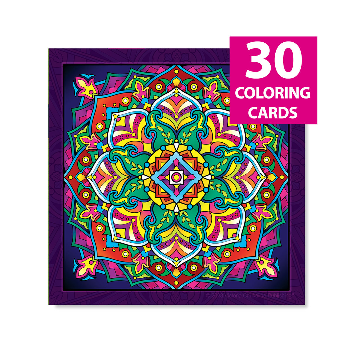Mandala. A coloring card set of 30 cards with 6 colored envelopes and closure stickers.