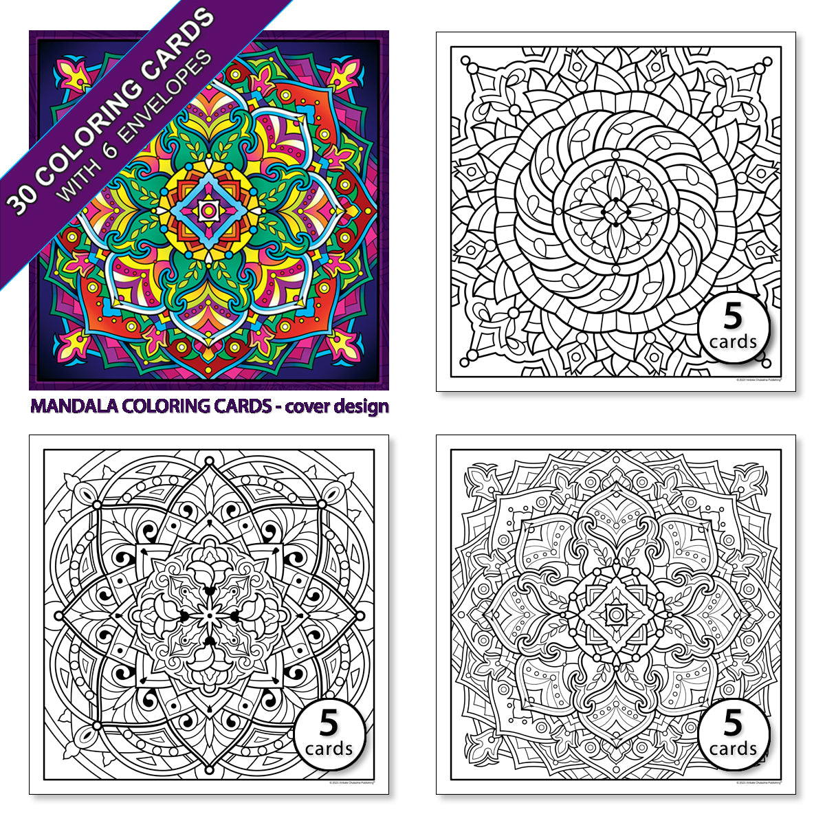 Mandala. A coloring card set of 30 cards with 6 colored envelopes and closure stickers.