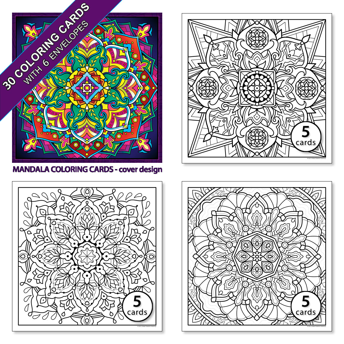 Mandala. A coloring card set of 30 cards with 6 colored envelopes and closure stickers.