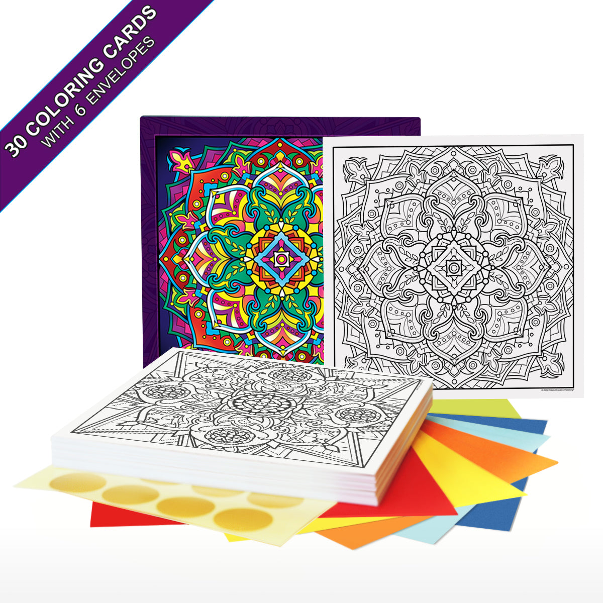 Mandala. A coloring card set of 30 cards with 6 colored envelopes and closure stickers.