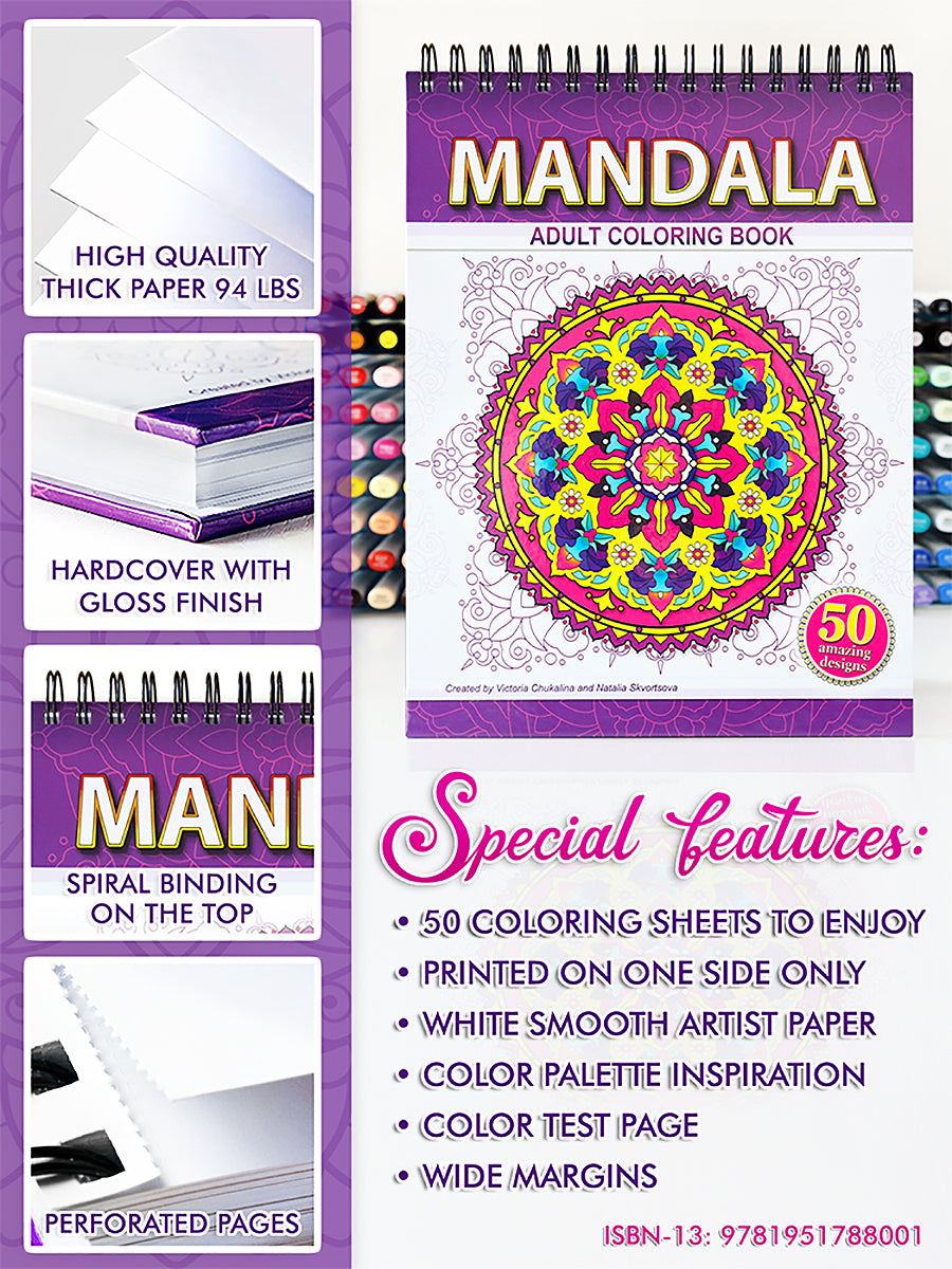 MANDALA. Volume 1. A coloring book for adults. Thick paper, Spiral-bound, Hardback.