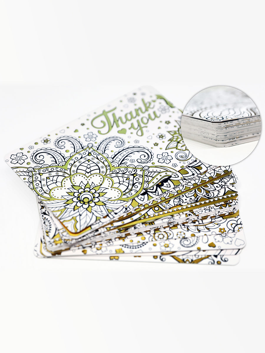 Thank you coloring postcards with yellow gold foil accents. Super thick paper.