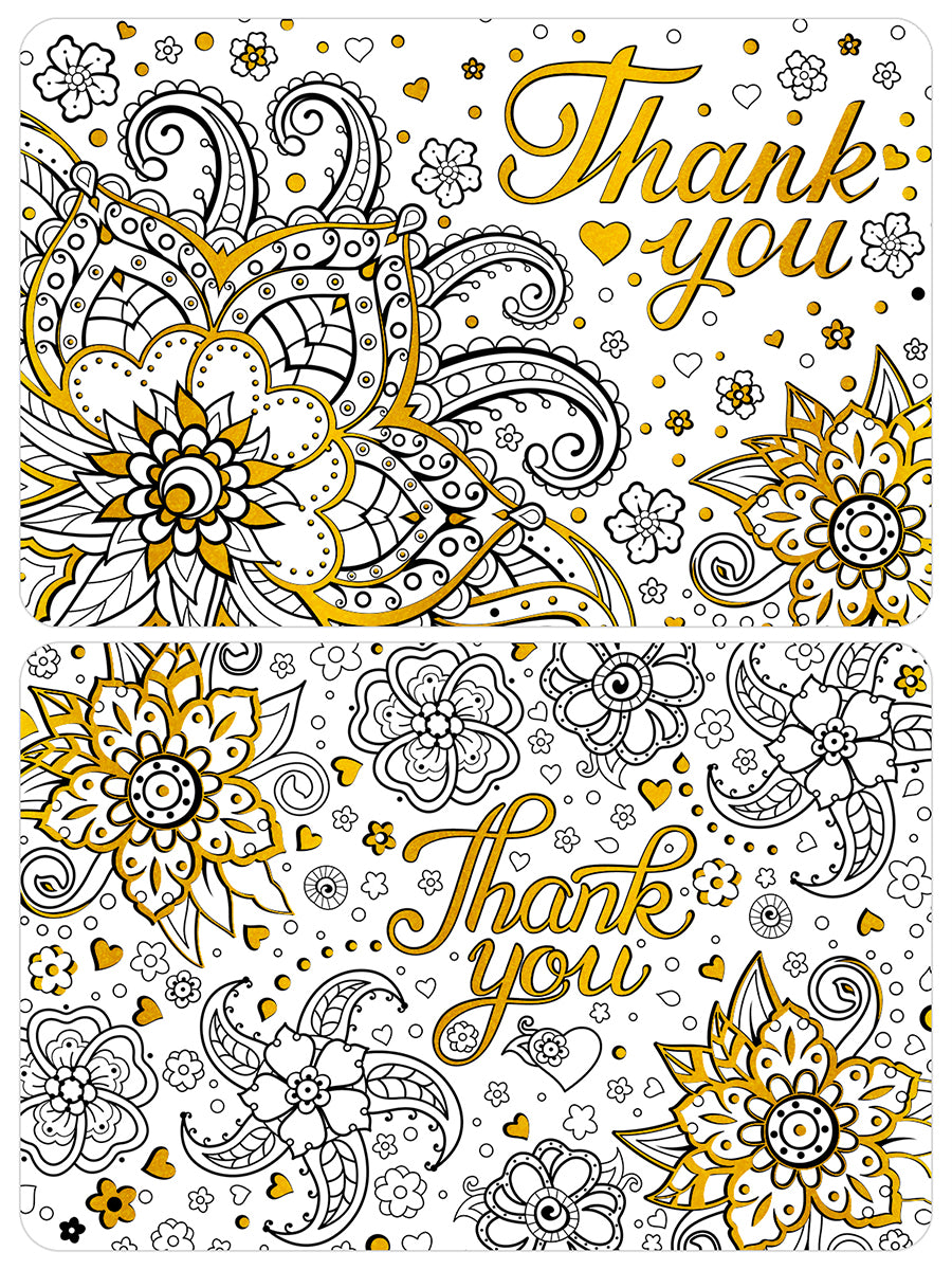 Thank you coloring postcards with yellow gold foil accents. Super thick paper.