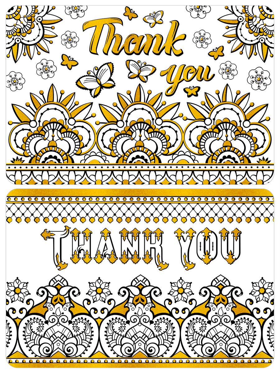 Thank you coloring postcards with yellow gold foil accents. Super thick paper.