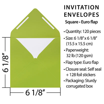 Pack of 120 Square 6-1/8” x 6-1/8” Self-Seal Envelopes for Wedding, Baby Shower, Party Invitations, Christmas, Greeting Cards.
