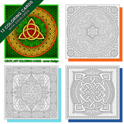 Celtic art. A coloring card set of 12 cards with colored envelopes and closure stickers.