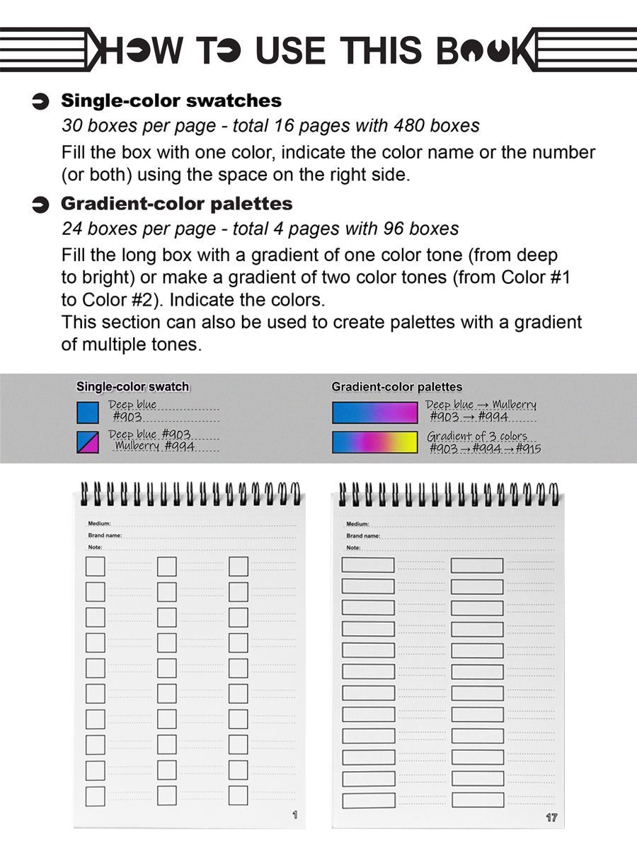 Color charts. A mini book organizer of coloring Resources. A5 Format, Thick paper, Spiral-bound, Paperback.