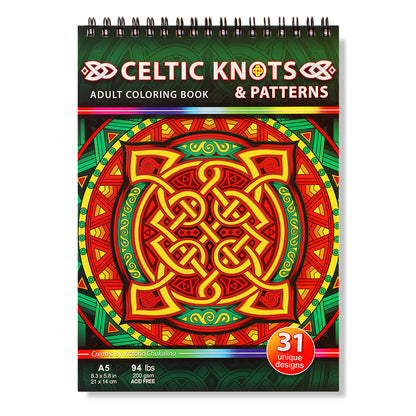 Celtic knots & patterns. Travel size coloring book. Thick paper, Spiral-bound, Paperback.