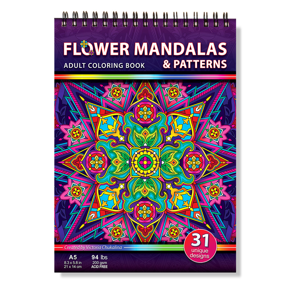 Flower mandalas & patterns. Travel size coloring book. Thick paper, Spiral-bound, Paperback.