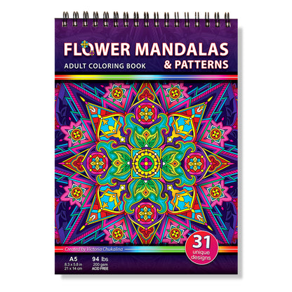 Flower mandalas & patterns. Travel size coloring book. Thick paper, Spiral-bound, Paperback.