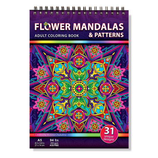 Flower mandalas & patterns. Travel size coloring book. Thick paper, Spiral-bound, Paperback.