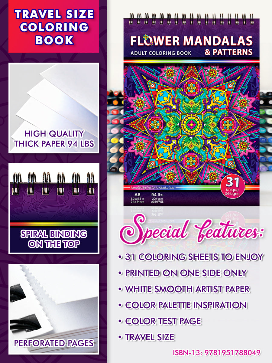 Flower mandalas & patterns. Travel size coloring book. Thick paper, Spiral-bound, Paperback.