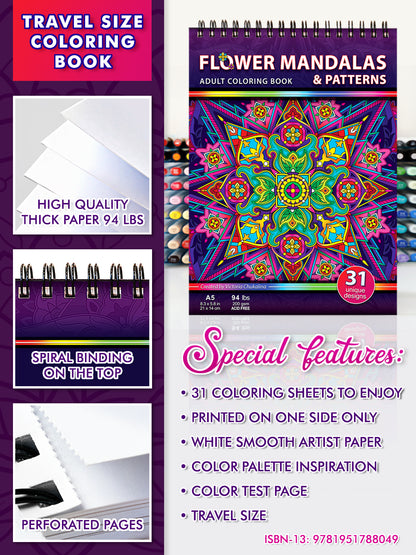 Flower mandalas & patterns. Travel size coloring book. Thick paper, Spiral-bound, Paperback.