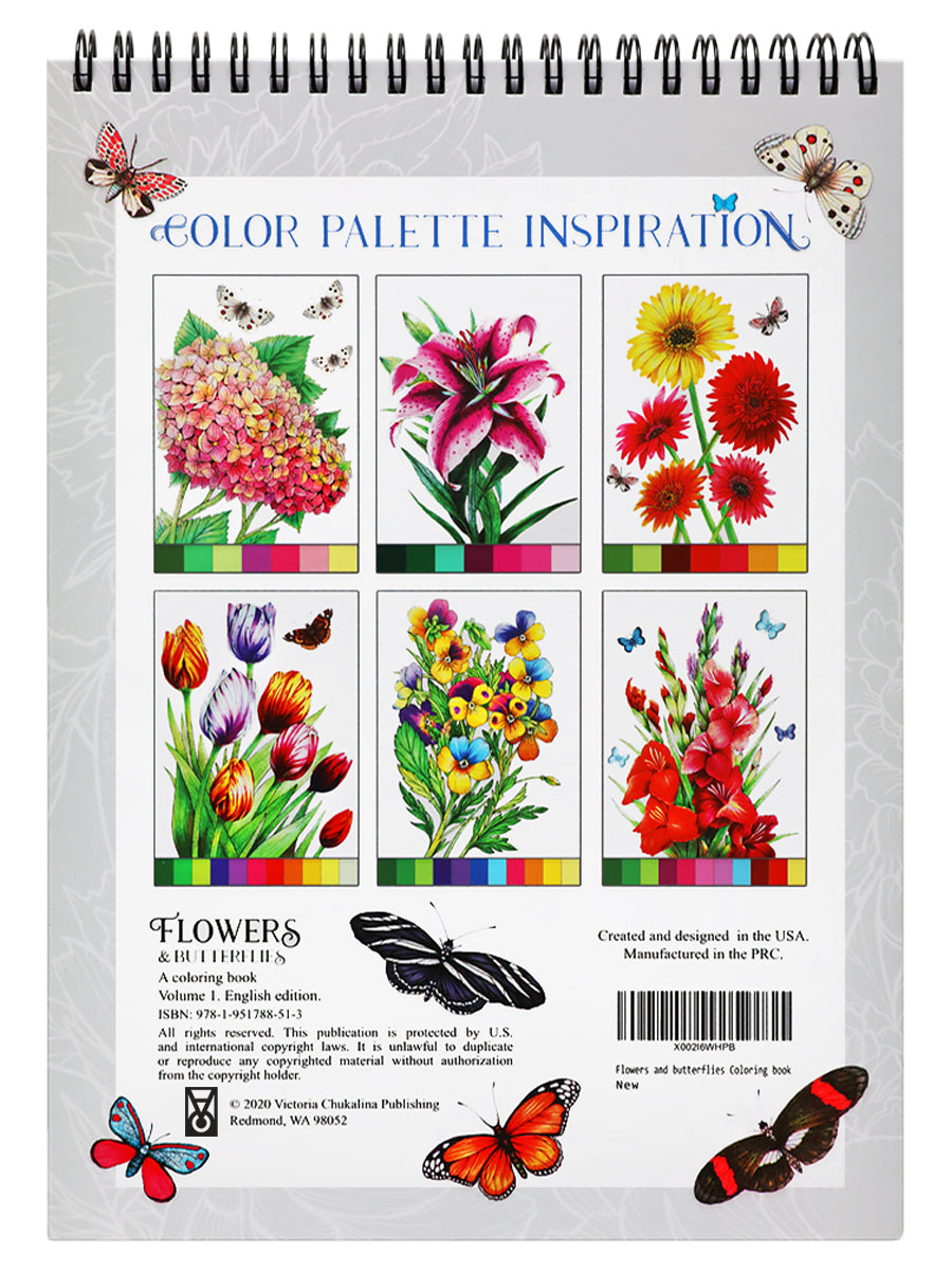 Flowers and butterflies Coloring Book for Adults. Thick paper, Spiral-bound, Hardback.