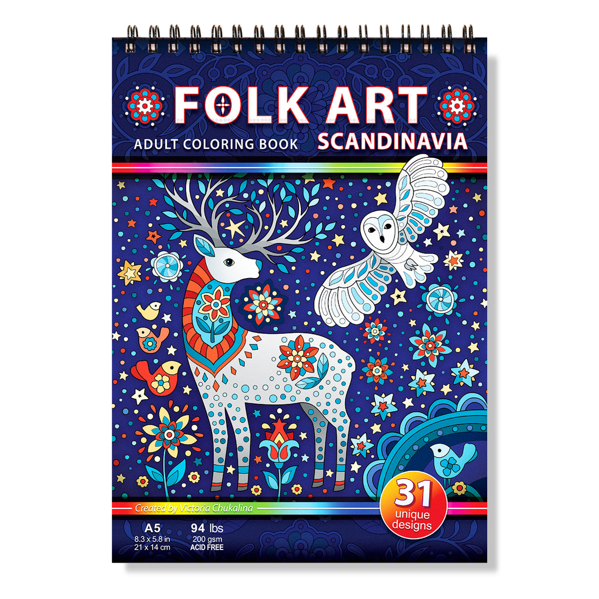 Folk Art. Scandinavia. Travel size coloring book. Thick paper, Spiral-bound, Paperback.