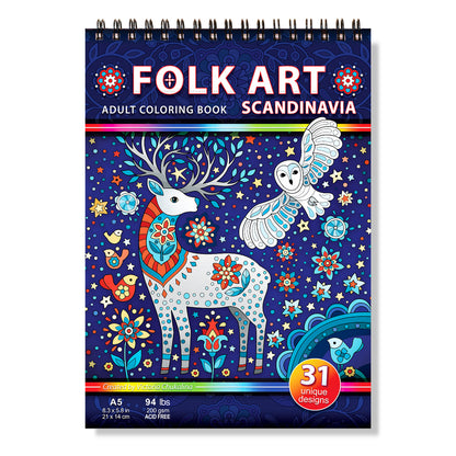 Folk Art. Scandinavia. Travel size coloring book. Thick paper, Spiral-bound, Paperback.