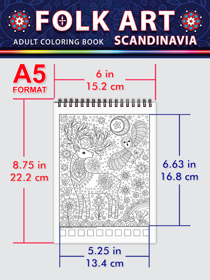 Folk Art. Scandinavia. Travel size coloring book. Thick paper, Spiral-bound, Paperback.