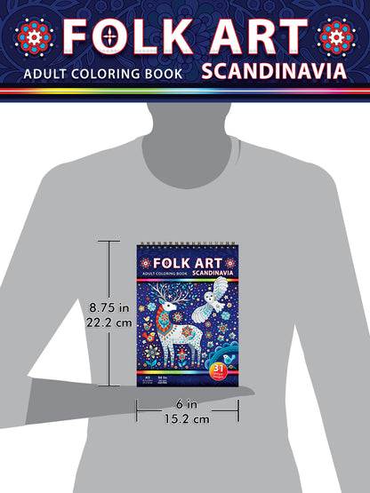 Folk Art. Scandinavia. Travel size coloring book. Thick paper, Spiral-bound, Paperback.