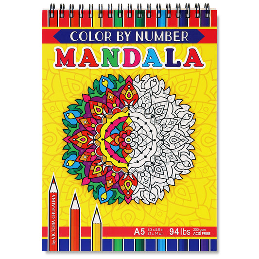 Mandala Color by Number. Travel size coloring book. Thick paper, Spiral-bound, Paperback.