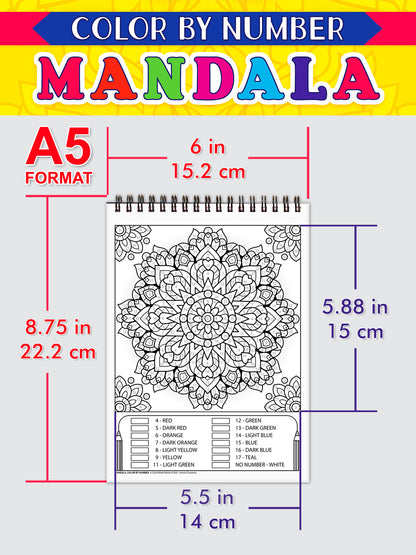 Mandala Color by Number. Travel size coloring book. Thick paper, Spiral-bound, Paperback.