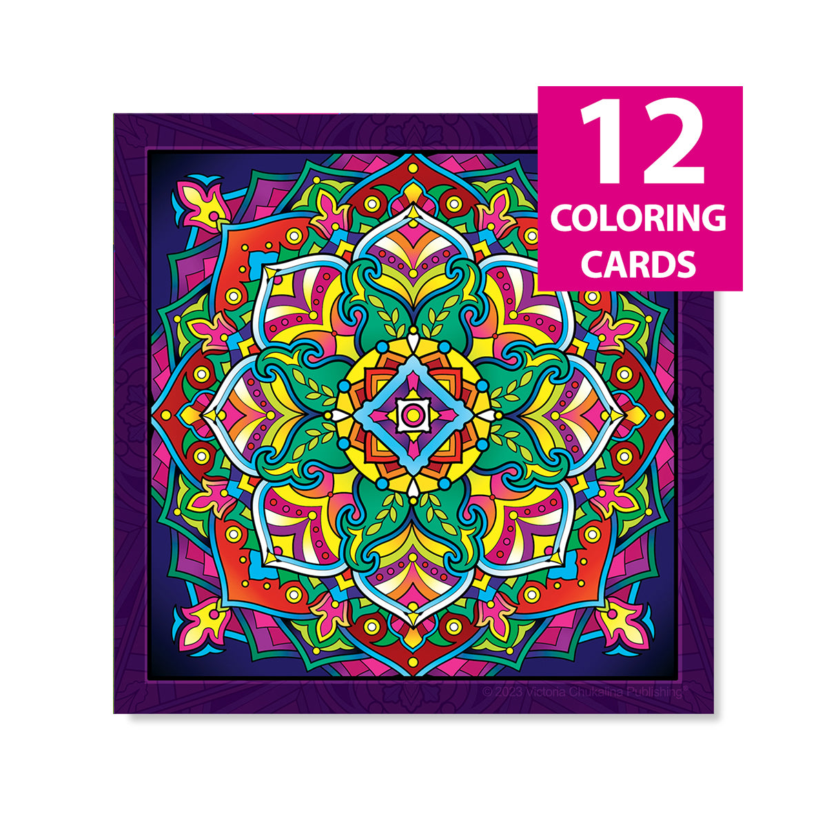 Mandala. A coloring card set of 12 cards with colored envelopes and closure stickers.