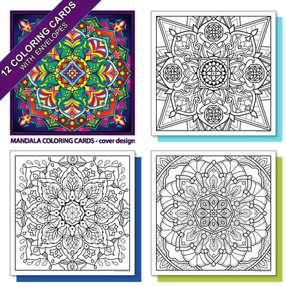 Mandala. A coloring card set of 12 cards with colored envelopes and closure stickers.
