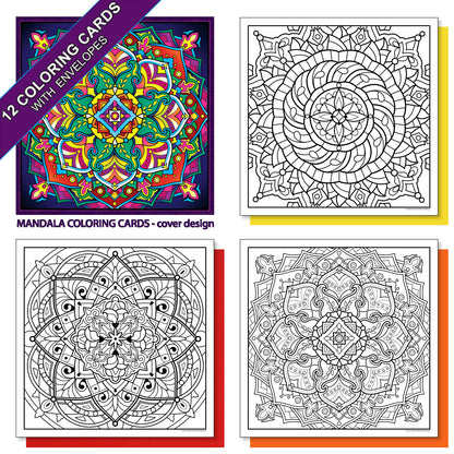 Mandala. A coloring card set of 12 cards with colored envelopes and closure stickers.