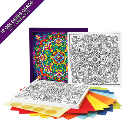 Mandala. A coloring card set of 12 cards with colored envelopes and closure stickers.