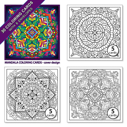 Mandala. A coloring card set of 30 cards with 6 colored envelopes and closure stickers.