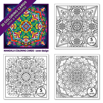 Mandala. A coloring card set of 30 cards with 6 colored envelopes and closure stickers.