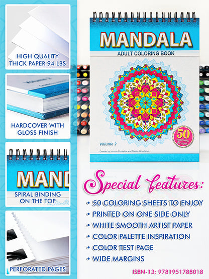 MANDALA. Volume 2. A coloring book for adults. Thick paper, Spiral-bound, Hardback.