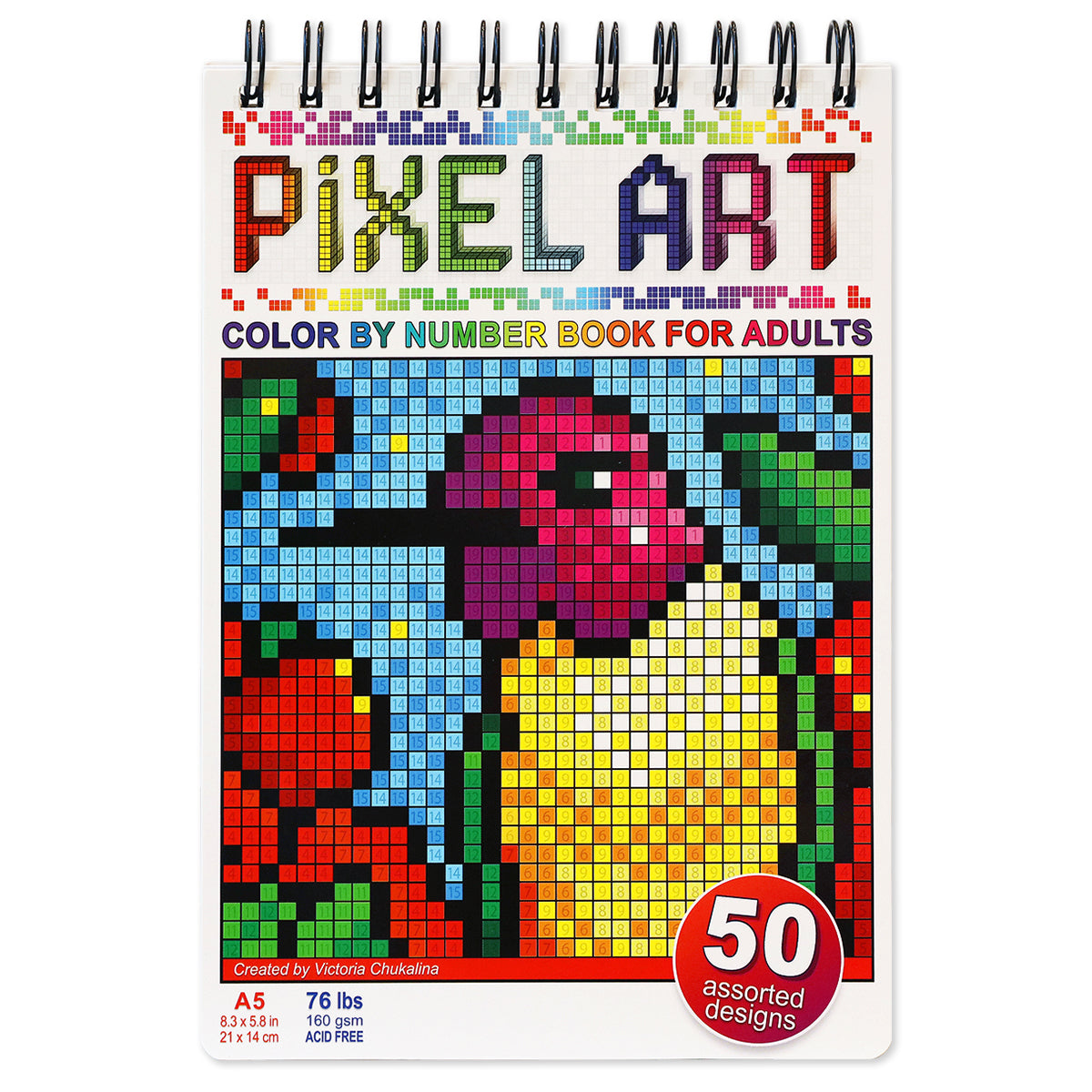 Pixel Art. Travel Size Color by Number Book. Thick paper, Spiral-bound, Paperback.