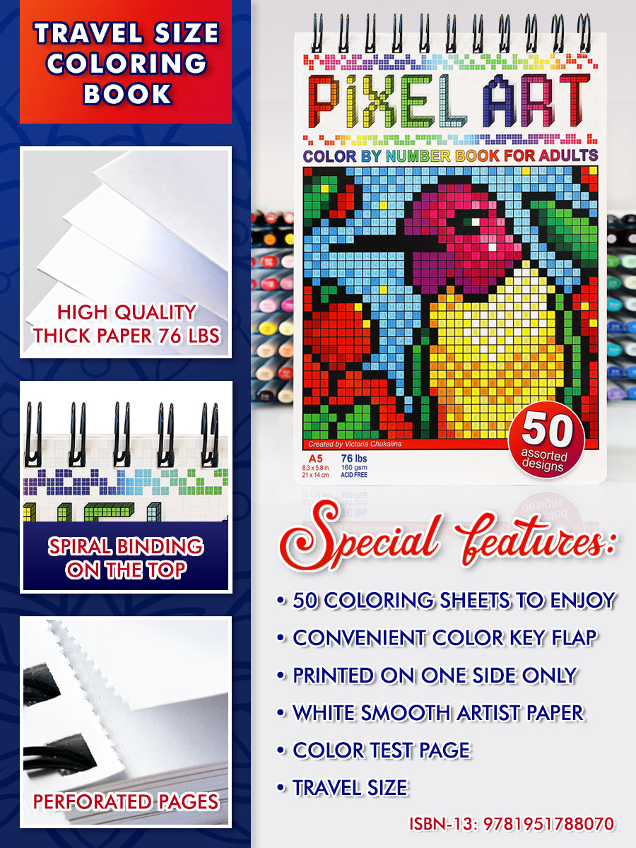 Pixel Art. Travel Size Color by Number Book. Thick paper, Spiral-bound, Paperback.