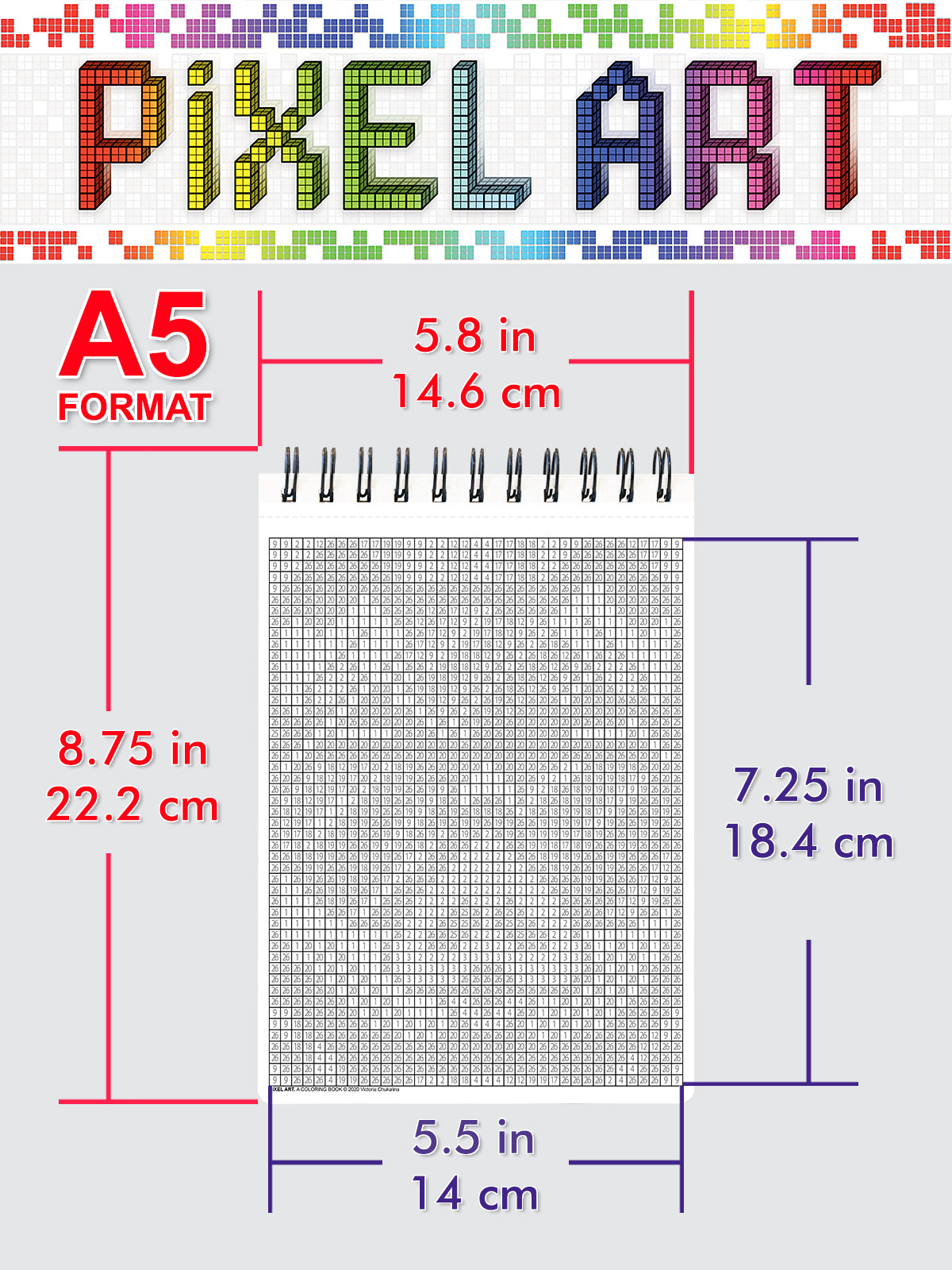 Pixel Art. Travel Size Color by Number Book. Thick paper, Spiral-bound, Paperback.