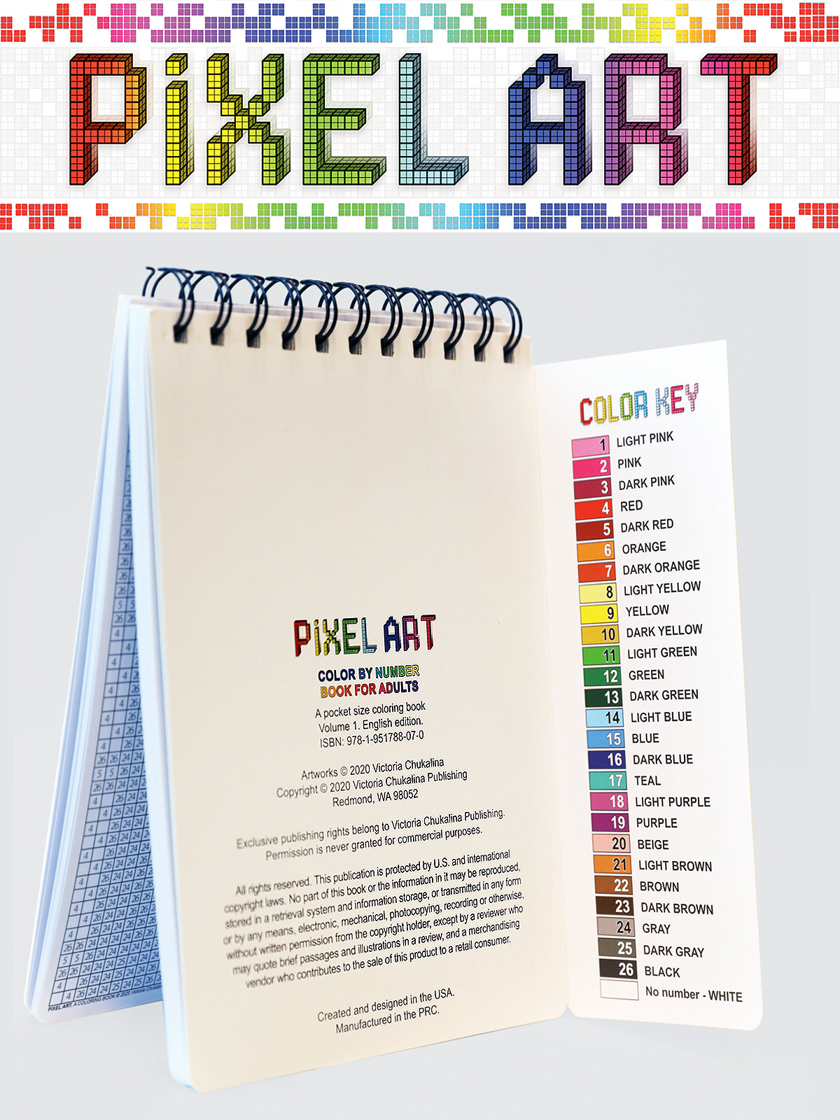 Pixel Art. Travel Size Color by Number Book. Thick paper, Spiral-bound, Paperback.