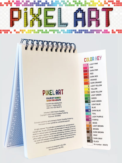 Pixel Art. Travel Size Color by Number Book. Thick paper, Spiral-bound, Paperback.