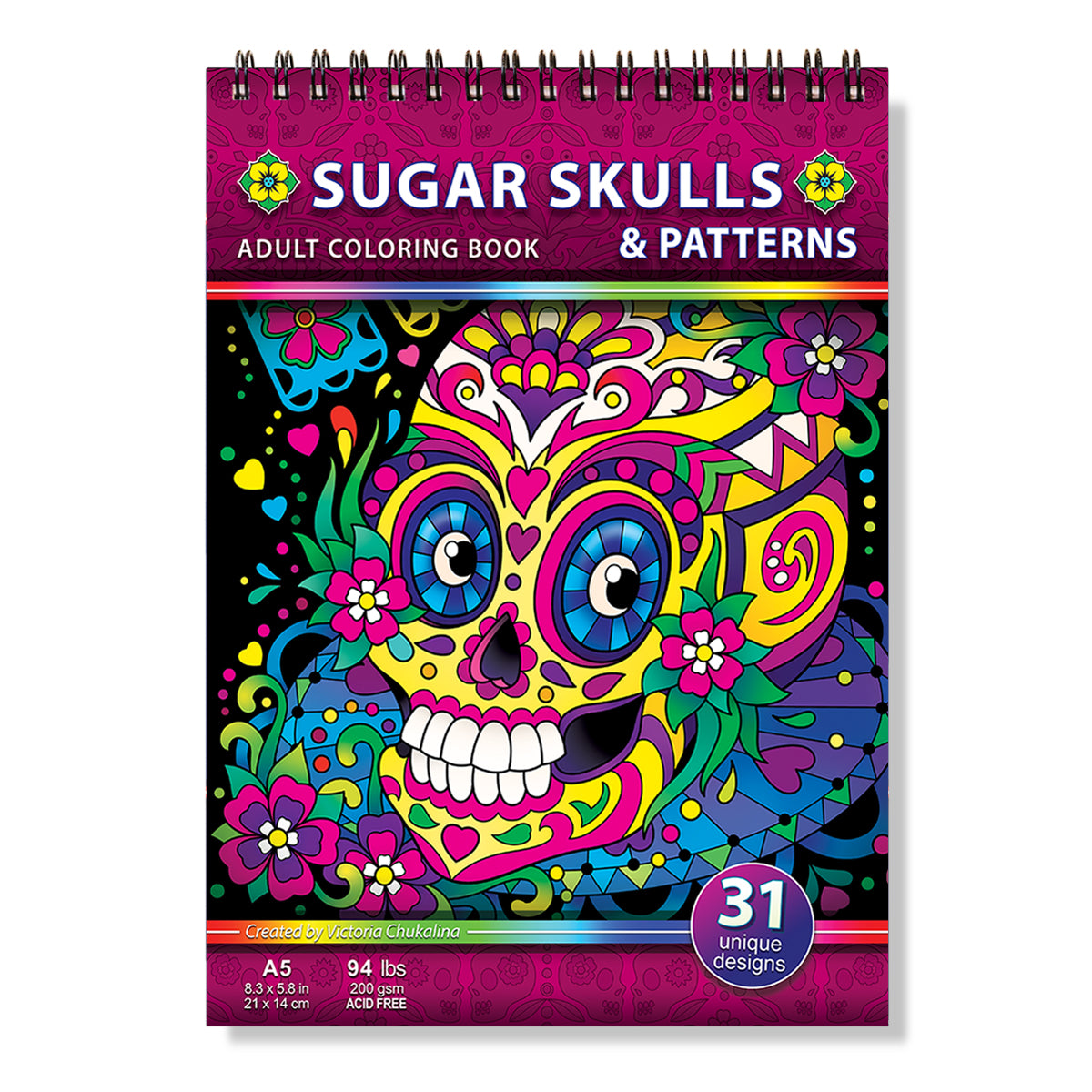 Sugar skulls & patterns. Travel size coloring book. Thick paper, Spiral-bound, Paperback.